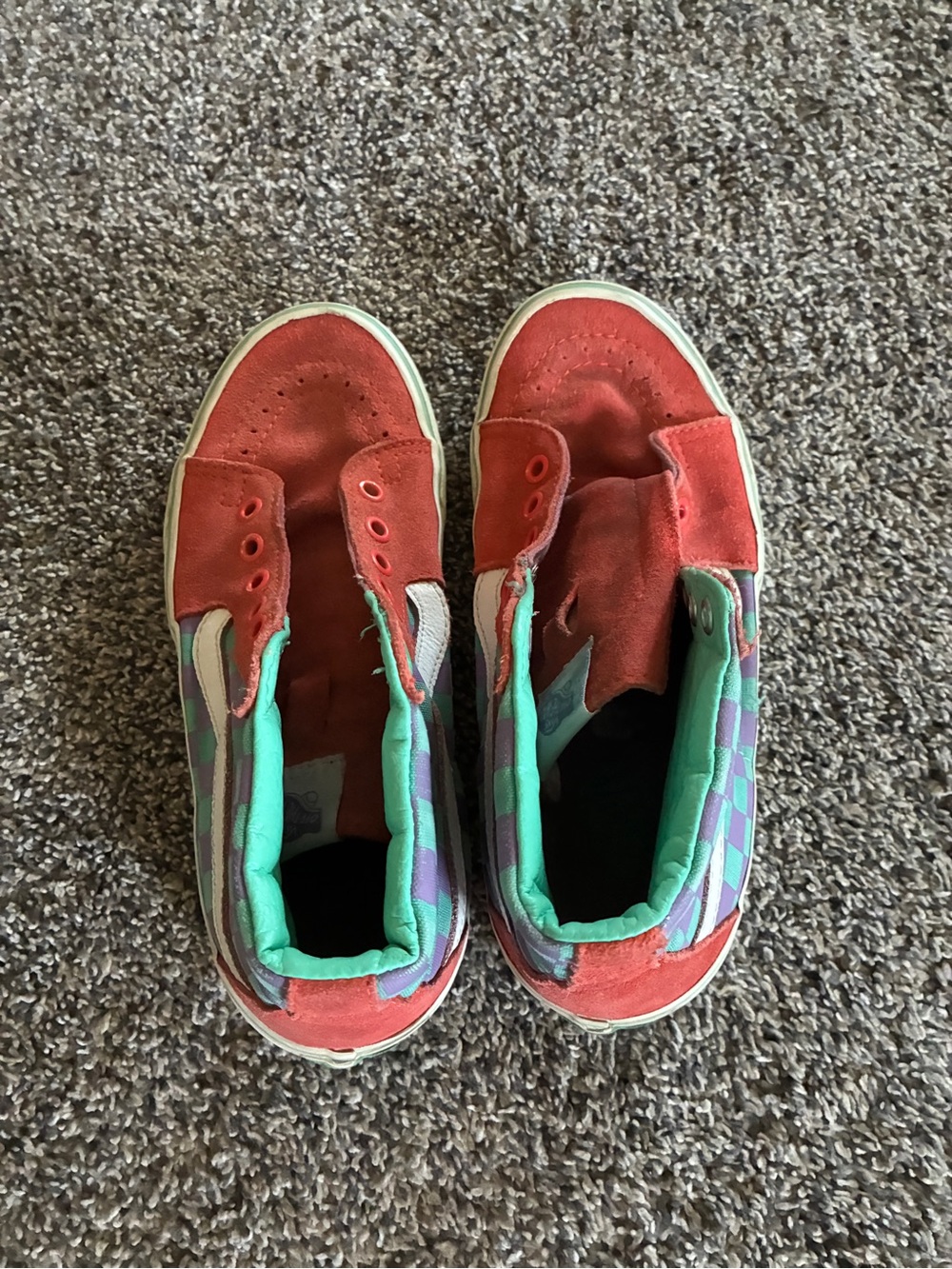 Vans Off The Wall Red Suede Slip-On Sneakers with Mint & Purple Check- 6.5 menz